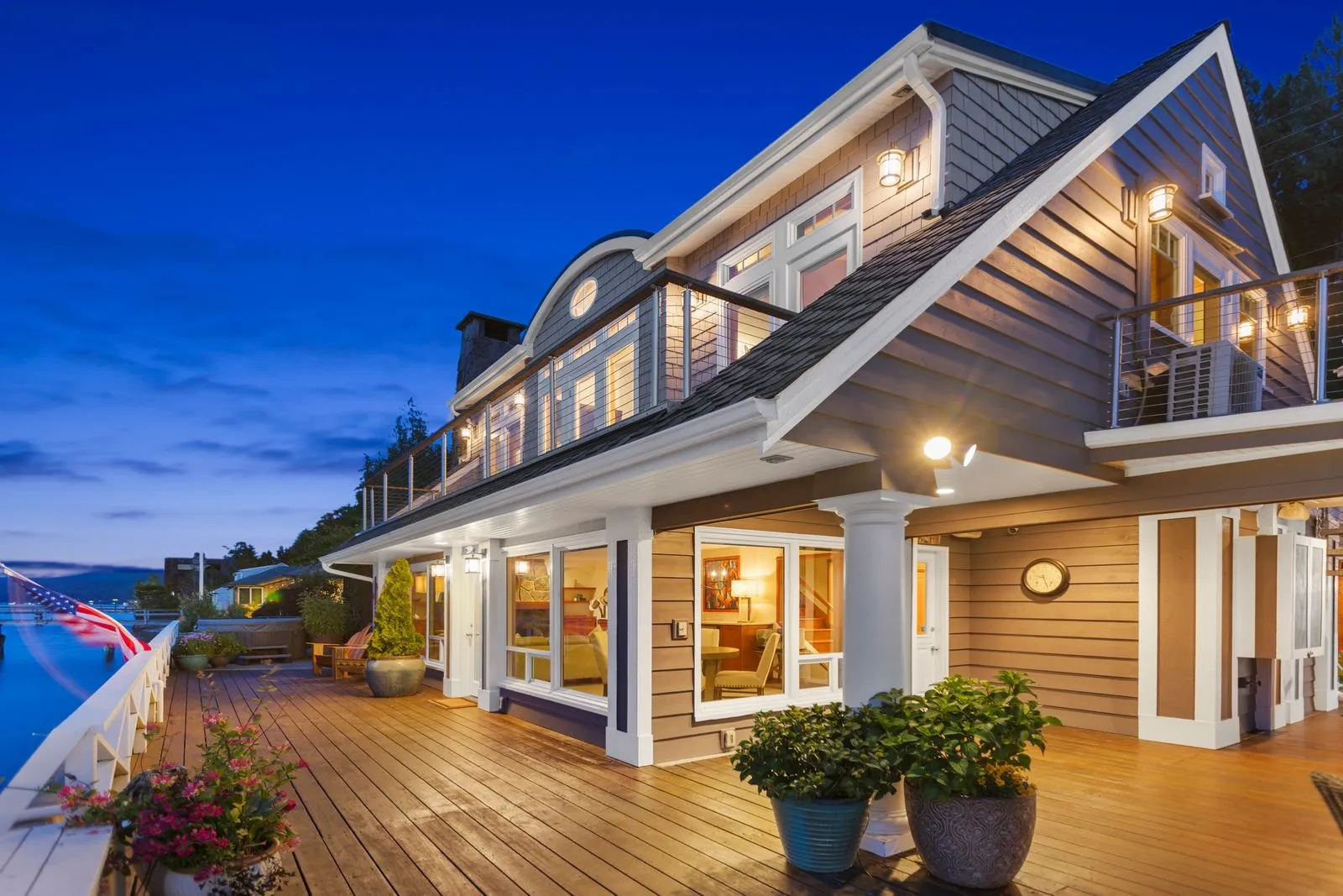 Modern farmhouse exterior photographed at twilight by ACRE Seattle